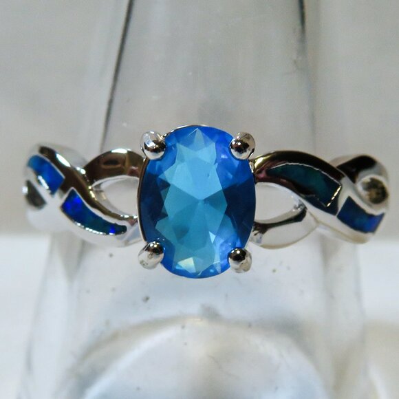 Silver Ring Size 10 Blue Lab Fire Opal Inlay 8mm * 6mm Blue Topaz New Old Stock - Picture 1 of 10